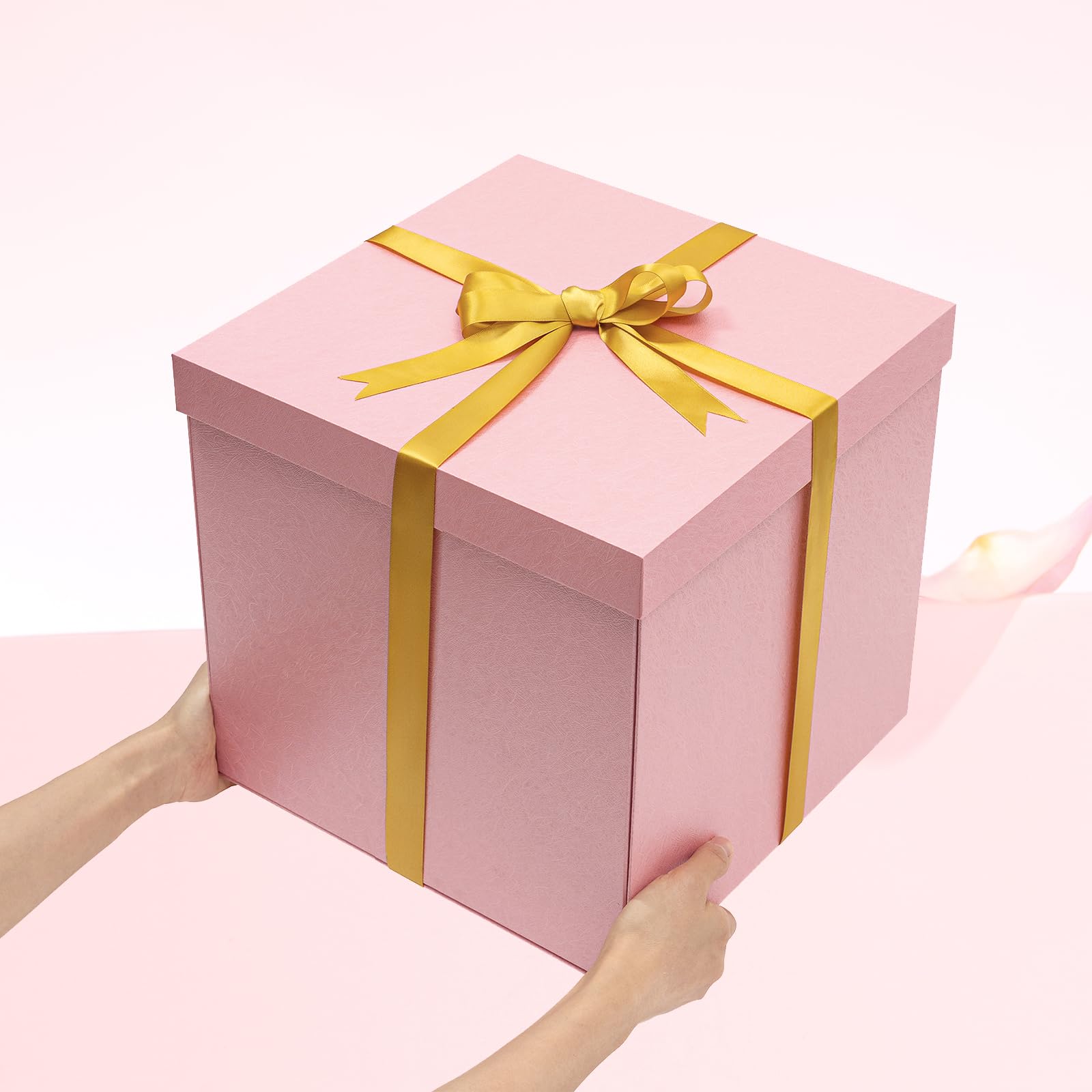 Mefleet Large Gift Box with Lid for Presents 12x12x12 Inches Extra Big Deep Square Pink Boxes 1 Pack for Christmas, Birthday, Valentine's Day, Mother's Day - Contains Crinkle Paper, Ribbon and Card
