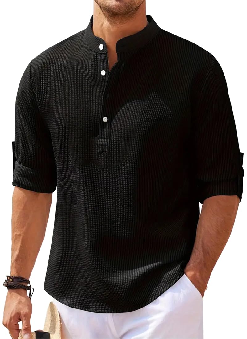 PADOLA Camisa Hombre Verano de Algodón T-Shirt Henley Suelta Manga Larga Regular Respirable Textura de Piña