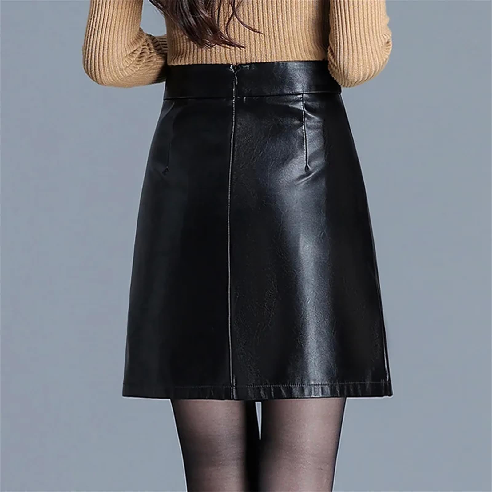 Falda de piel sintética para mujer, elegante falda de invierno, corte entallado, falda acampanada, faldas cortas para mujer