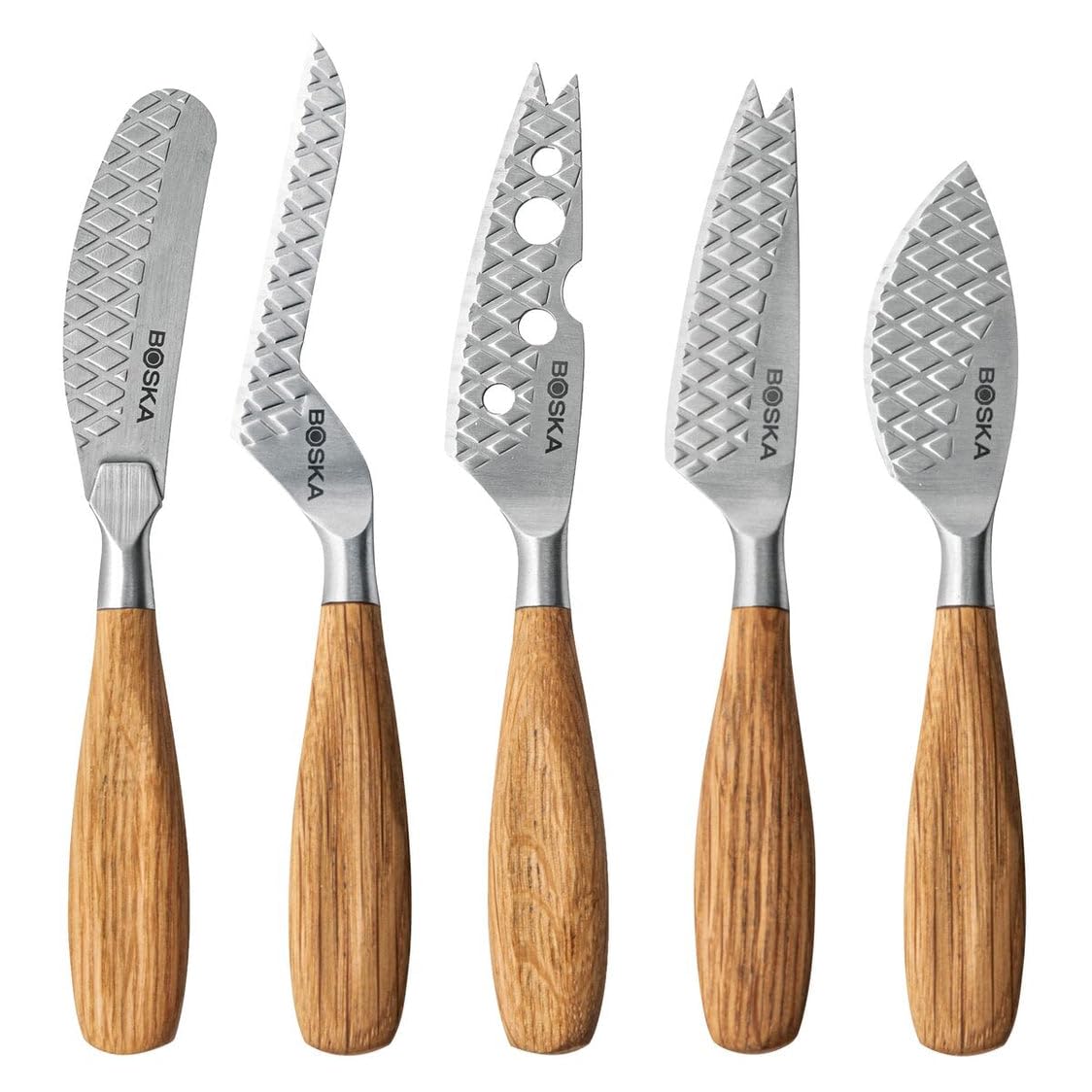 BOSKA Käsemesser-Set Oslo+ Small / 5 Käsemesser/Für alle Käsesorten auf einem Käsebrett/Stilvolles & kompaktes Design/Einzigartige Rhombenstruktur/Edelstahl/Europäische Eiche/Geschenktipp