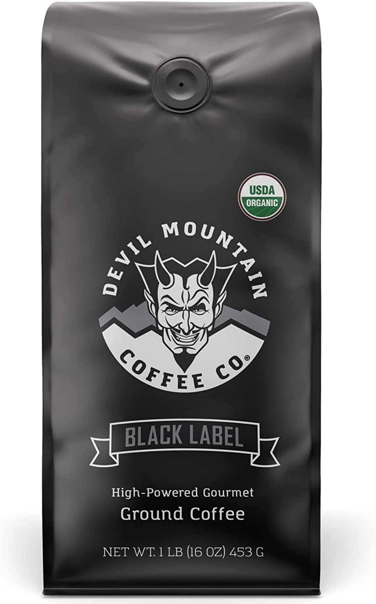 Devil Mountain Coffee Dark Roasted Black Label Coffee, Strong Ground Coffee with High Caffeine, Organic Usda, Fair Trade, Handmade Gourmet Roast, World's Strongest Coffee, 16 Oz Bag