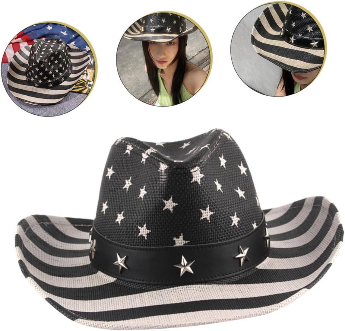 American Flag Cowboy Hat Western Straw Summer Hat for Men and Women 4th of July Multi-Functional Festival Accessory with Black Stripe