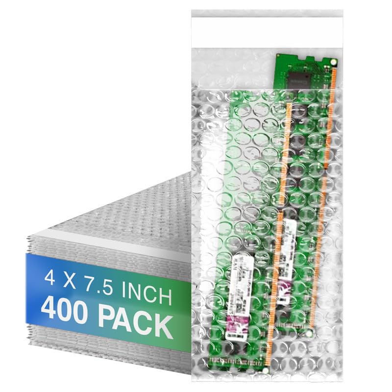 Amiff Shipping Bubble Bag, 4 x 7.5 Inches. 400 Pack Clear Bags for Packaging. Self Seal Bubble Pouches for Packing. Waterproof Polyethylene Storage