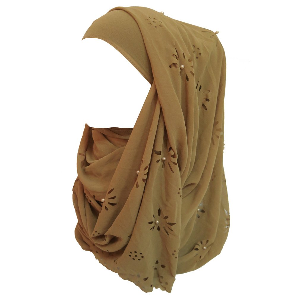 Lina & Lily Chiffon Muslim Hijab Head Scarf Laser Cut with Beads (Camel)