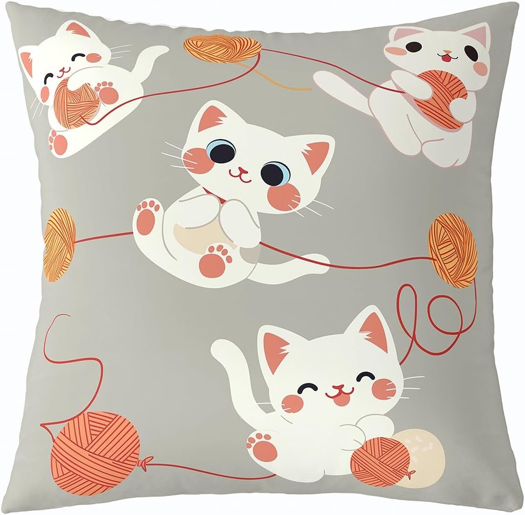 Homewish Kawaii Cats Pillow Cover 24x24 Inch Cute Cartoon Animal Decorative Cushion Cover for Kids Boys Girls Lovely Pet Funny Pattern Soft Square Cushion Case for Bedroom Chairs Office