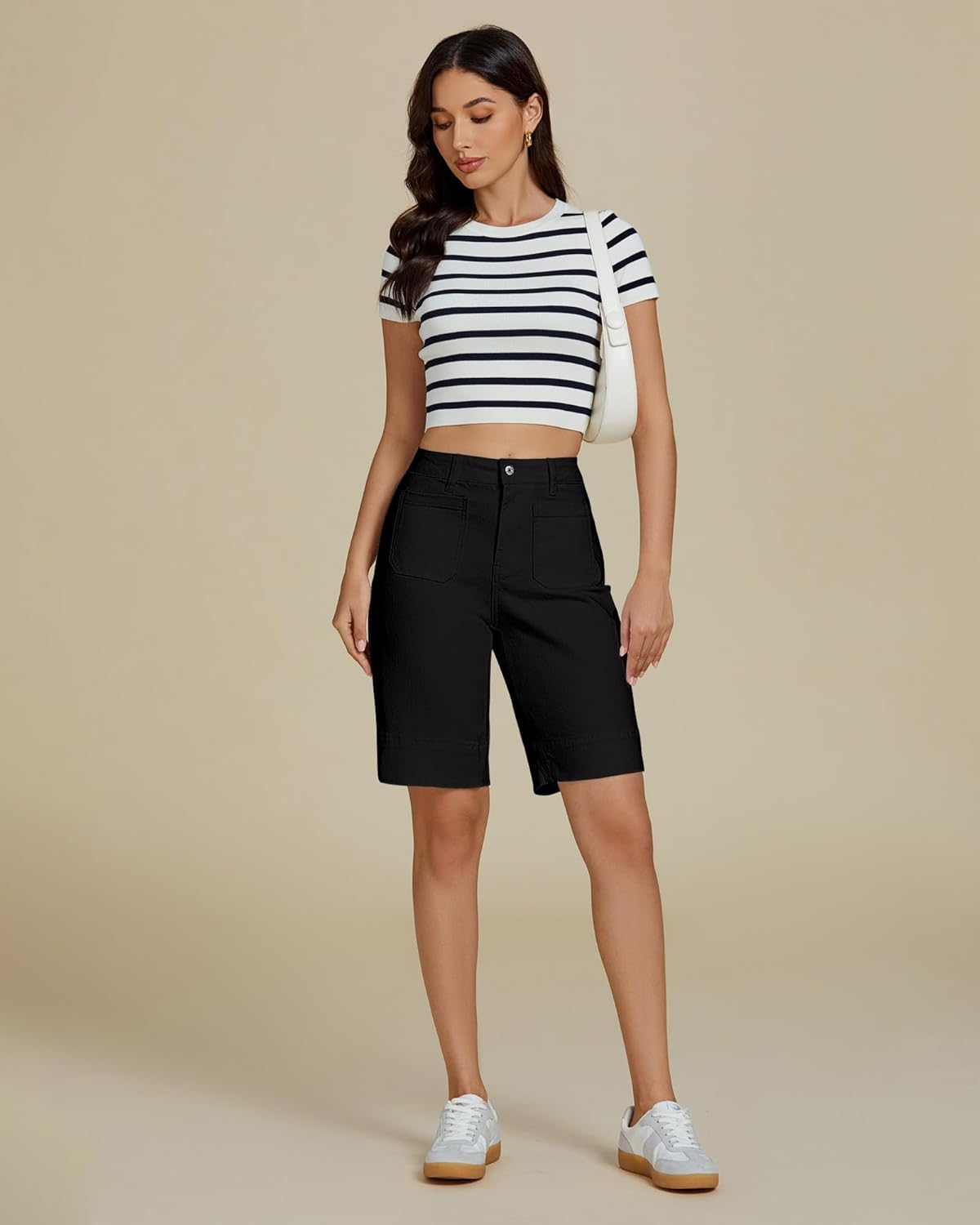 luvamia Bermuda Shorts for Women High Waisted Trendy Patch Pocket Casual Vintage Long Stretchy Denim Shorts Summer Jorts - Image 7