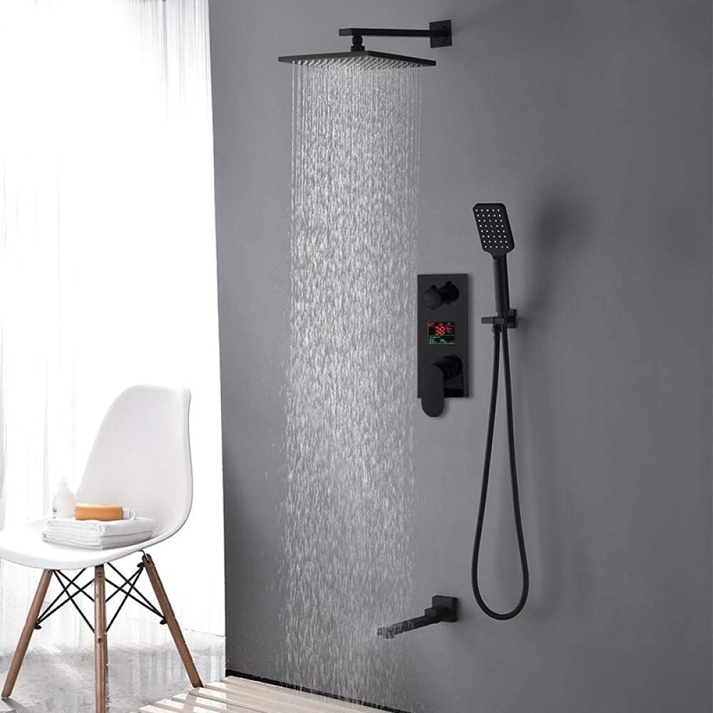 Robinet de baignoire pivotant et douche pluie noire anti-brûlure
