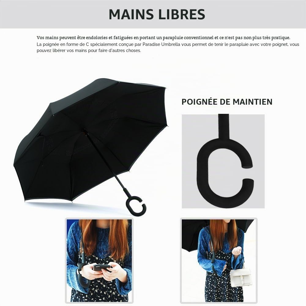 Parapluie Inversé, Anti-UV Double Couche Coupe-Vent Parapluie, Mains Libres poignée en Forme C Parapluie