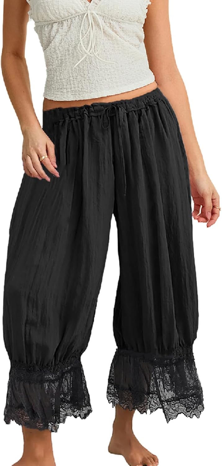 Bloomers Pants for Women Y2K Lace Trim Vintage Pantaloons Cute Ruffled Pumpkin Long Pants Capri Pajama Bottoms