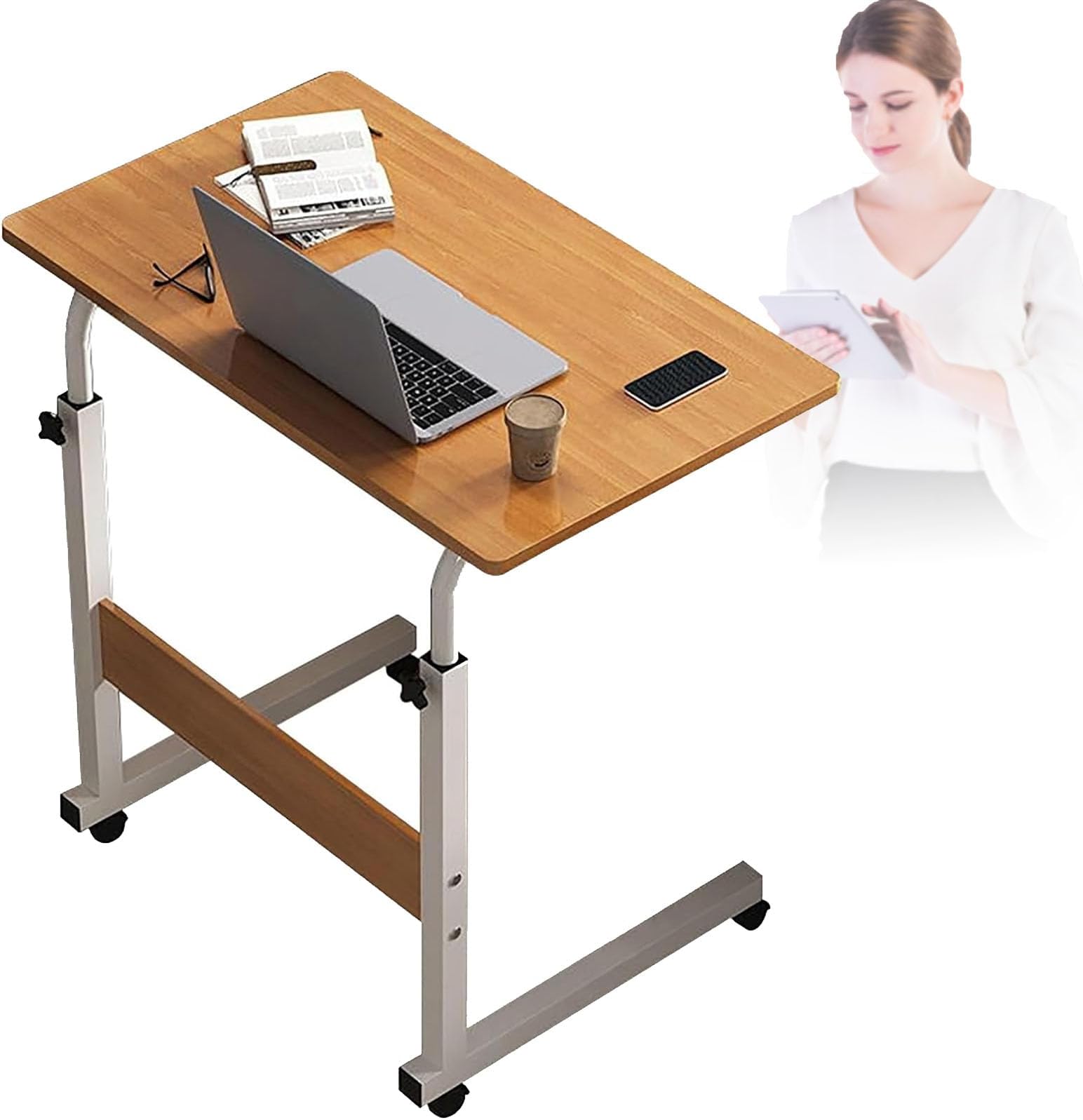 Lift-up Desk with 4 Locking Swivel Wheels, Computer Table, Metal Thickened Carbon Steel 80 x 40 cm, Height Adjustment, 70-90 cm, Manual Height Adjustable Table A