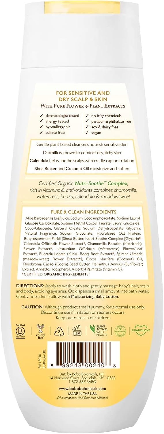 Babo Botanicals Moisturizing Plant-Based 2-in-1 Shampoo & Wash - with Organic Calendula & Oat Milk - For Babies, Kids & Adults with Sensitive or Dry Skin & Scalp - Hypoallergenic & Vegan - 8 fl. oz.