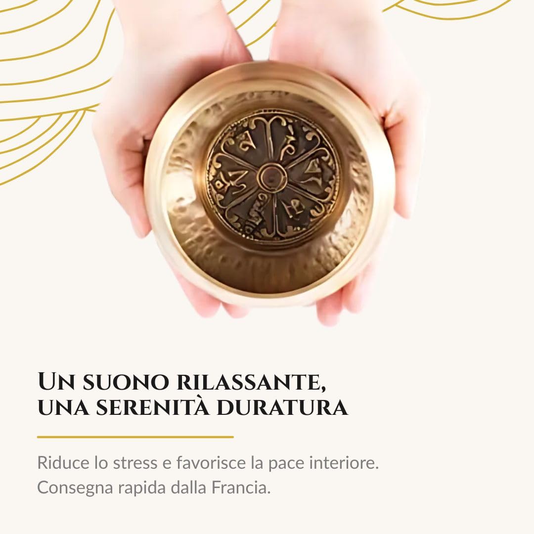 Campana tibetana meditazione 7 Metalli 450g 11.5cm fatta a mano Bhaktapur Nepal Cofanetto carta nepalese Cuscino Ciotola Bastoncino