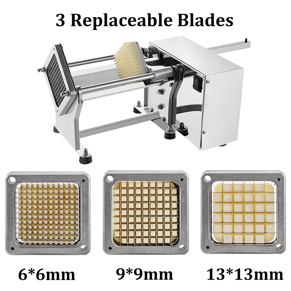 Cortadora eléctrica de papas fritas de 60 W, cortadora comercial de papas con 3 cuchillas reemplazables, picadora de vegetales de acero inoxidable, para restaurante de cocina industrial