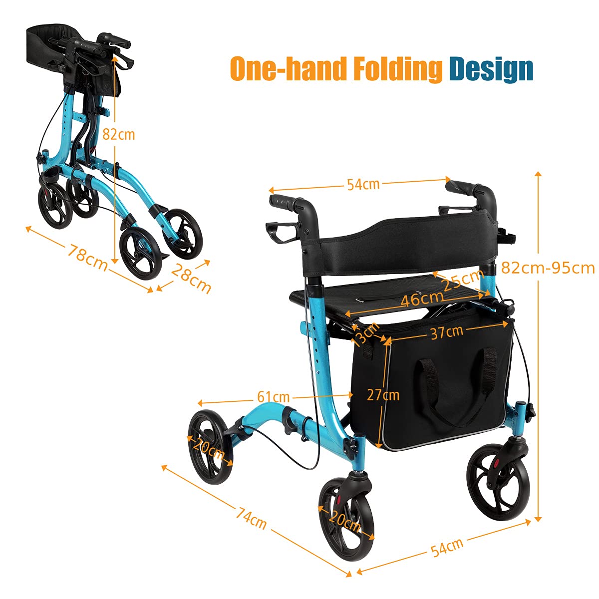 FANTASK 2 in 1 Aluminium Rollstuhl Rollator, faltbar & leicht Reiserollator mit Sitz & abnehmbarem Aufbewahrungsbeutel, Laufhilfe höhenverstellbar für Senioren und Erwachsene (Blau)