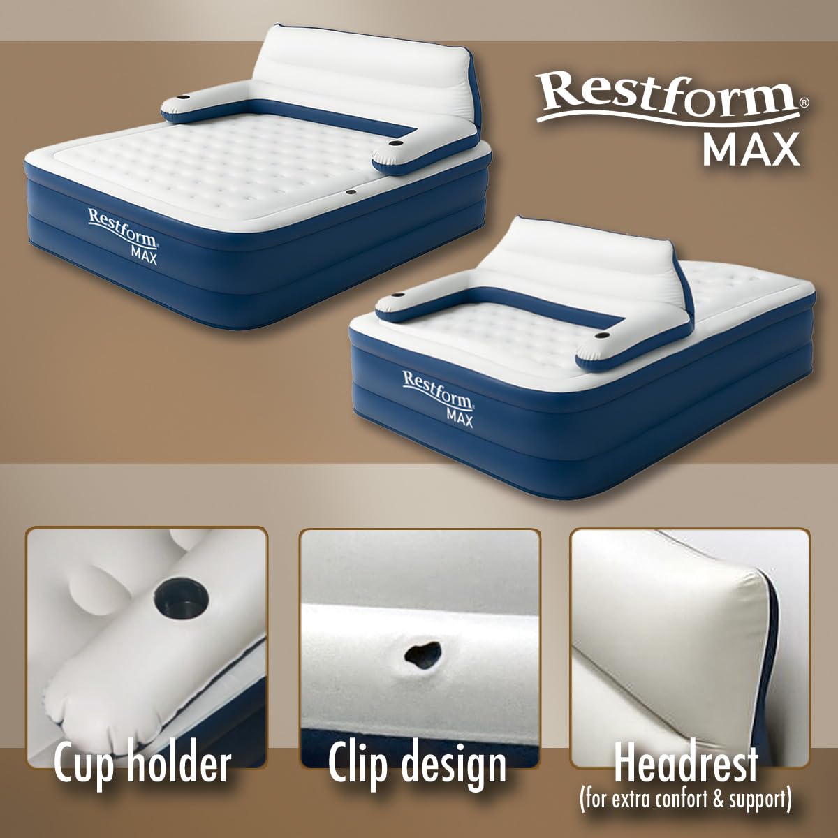 BEST DIRECT Restform MAX 3-in-1 Aufblasbare Matratze mit ergonomischer Rückenlehne – Premium Luftbett Gästebett & Camping, inkl. GRATIS elektrischer Pumpe als Geschenk – Robust & Bequem, 3 Positionen