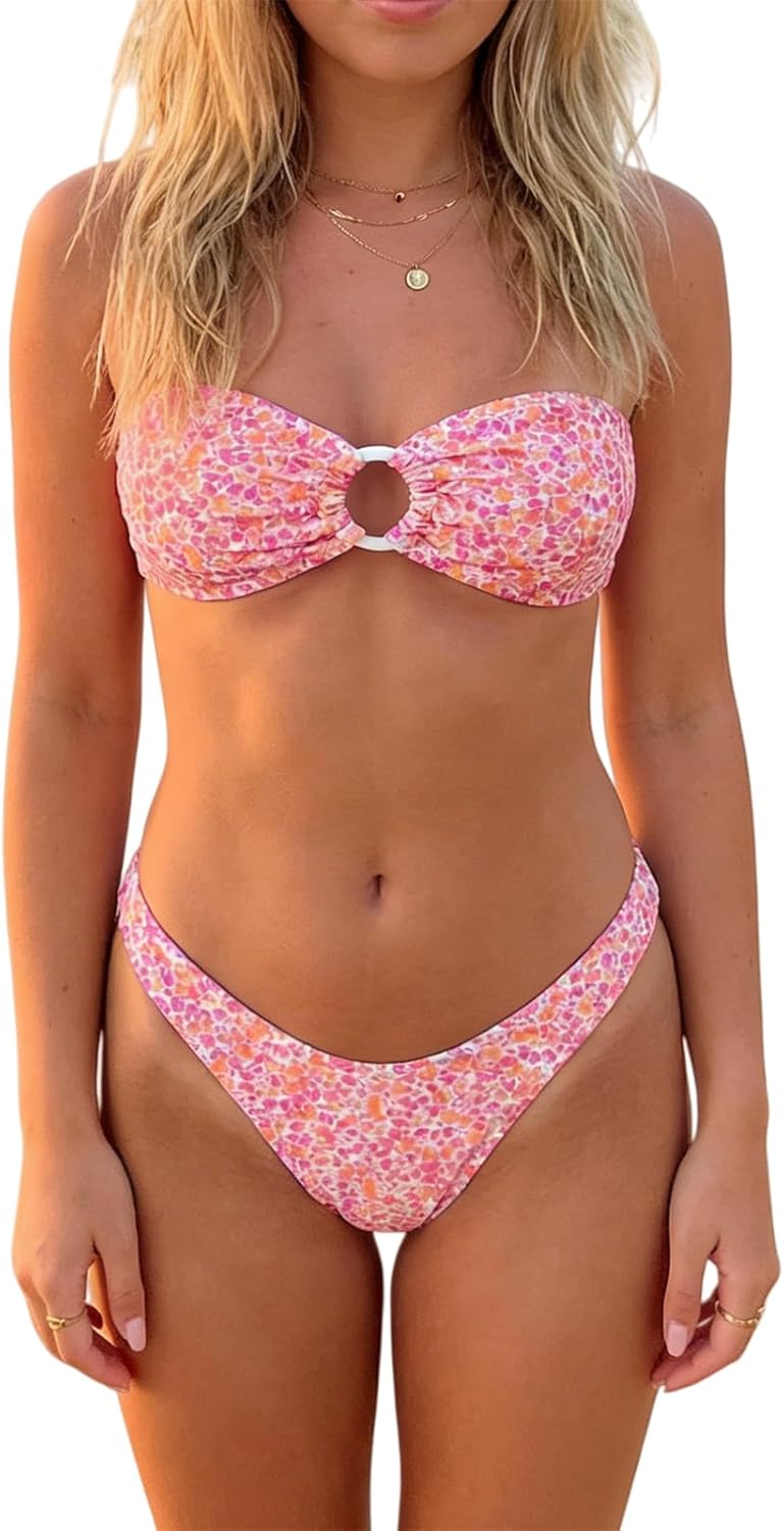 Alyweatry Women Floral Bandeau Bikini Set O Ring Strapless Tie Back Bikini Top High Cut Cheeky Thong Bathing Suit