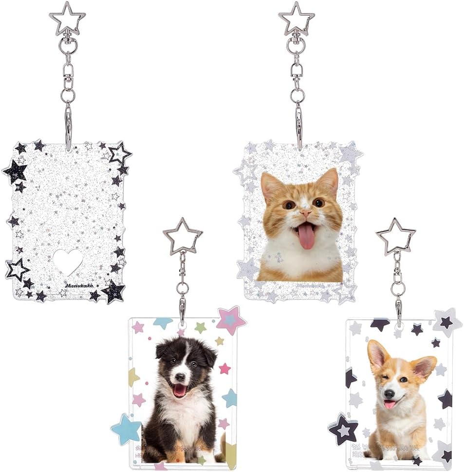 WEBEEDY 4 PCS 2 Styles Star Photocard Holder Acrylic Photocards Holder Keychain Cute Portable Card Case with Star Pendant for 4 Inch Photo Men Women Card Photo Album Protector Accessory
