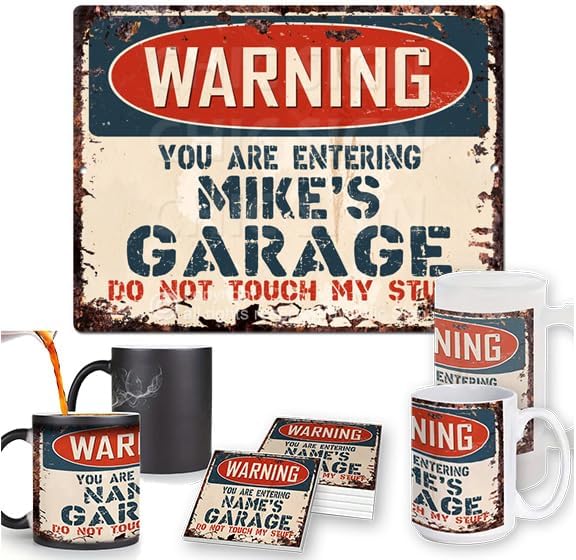 ADVERTENCIA YOU ARE ENTERING MIKE’S GARAGE – Letrero chic personalizado, estilo rústico, vintage, tazas de posavasos retro, cocina, bar, pub,