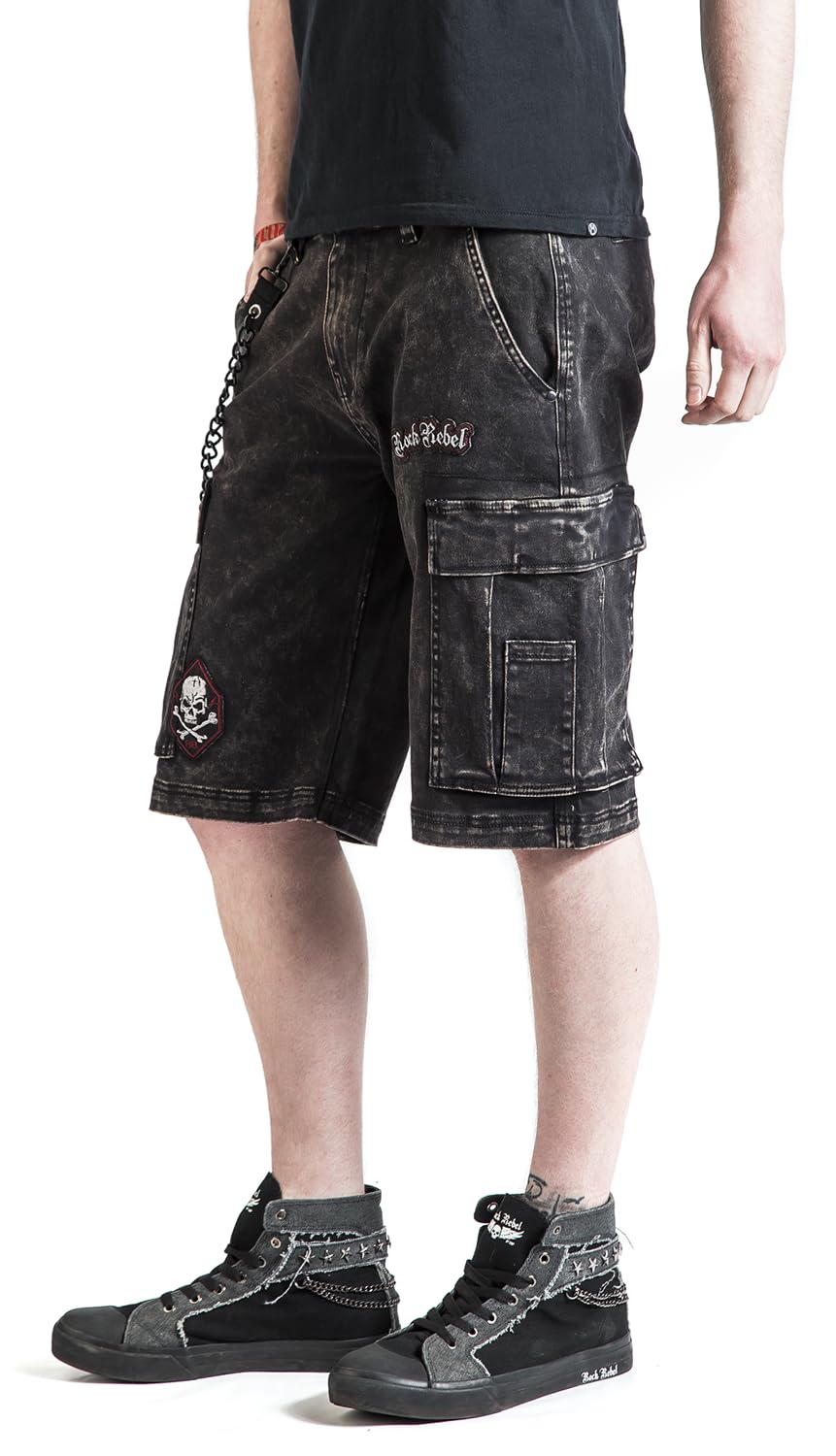 Rock Rebel by EMP Herren graue Jeans-Shorts mit Patches und Ketten