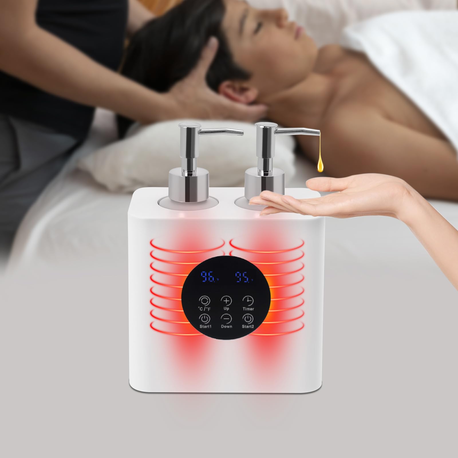 Scaldacollo olio da massaggio, scalda olio da massaggio con dispenser per bottiglie d'olio, scalda olio da massaggio, oli essenziali, lozioni per il corpo, creme, gel doccia (bianco)