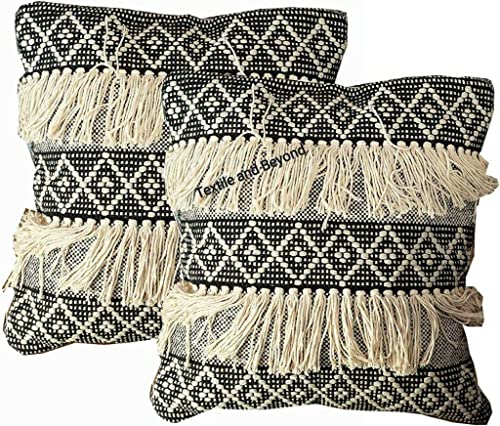 Image of Cushion - Boho Handloom Cotton Cushion Covers - Set of 3, Square Decorative Pillow Cases Sofa, Couch, Chair, Kitchen, Bedroom, Room, Office, 16x16 Inches, Premium