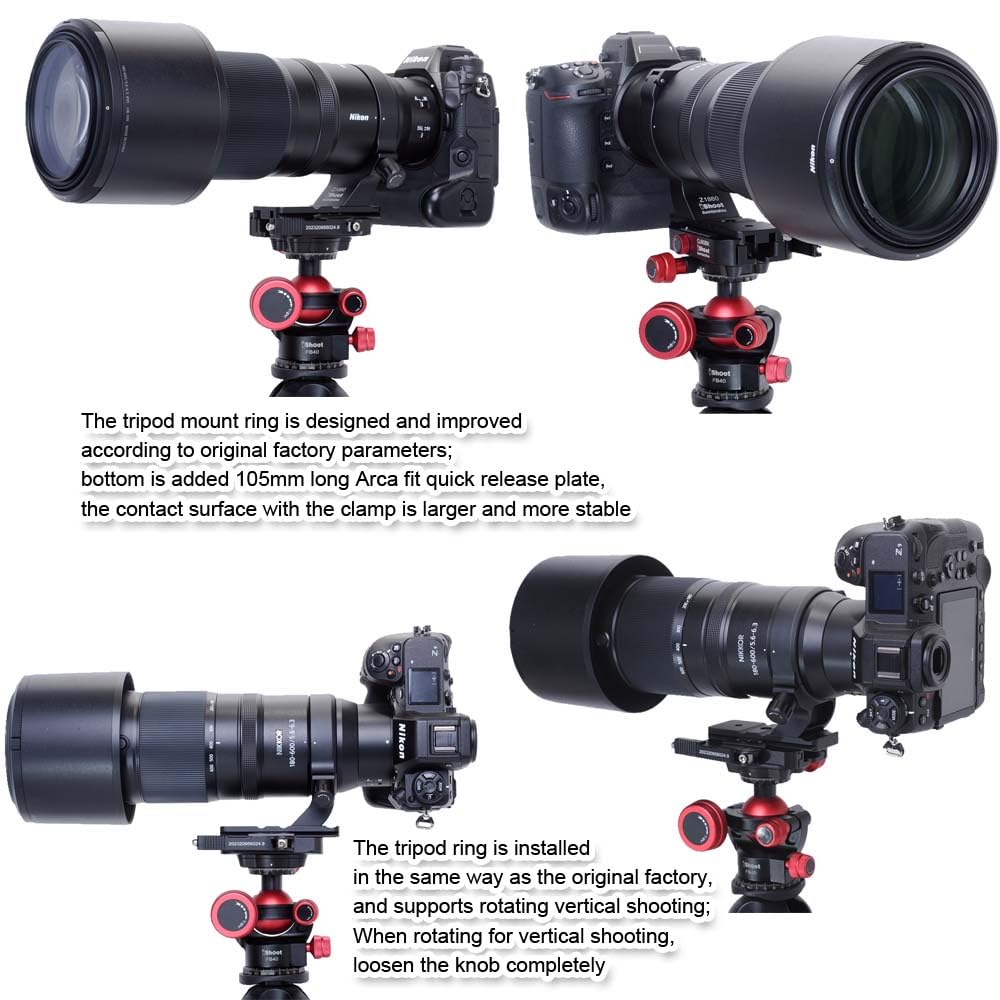 iShoot Bague de Fixation pour trépied Compatible avec Nikon Nikkor Z 180-600 mm F5.6-6.3 VR, Support d'objectif inférieur Arca-Swiss Fit Plaque à dégagement Rapide pour trépied Arca et stabilisateur