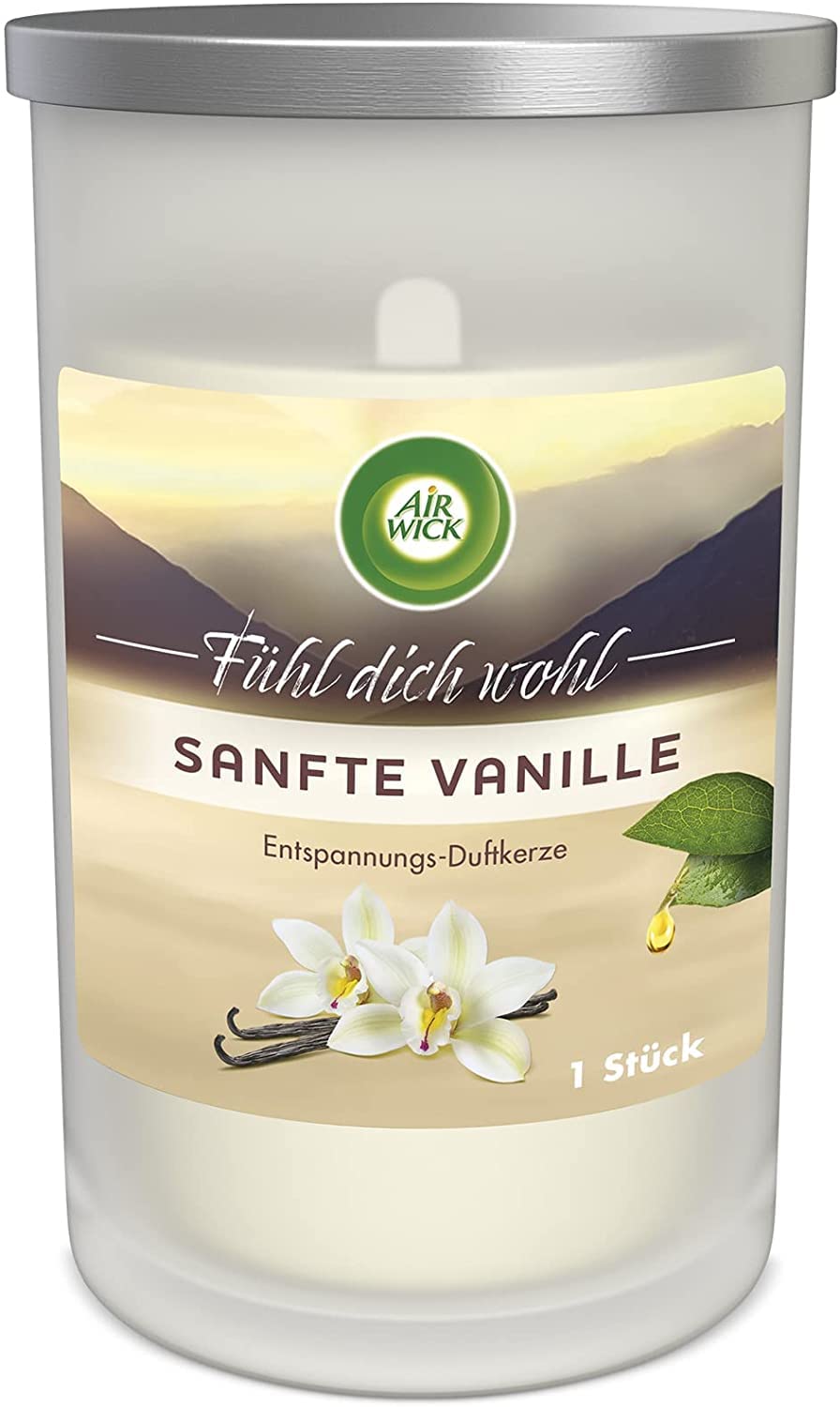 Air Wick extra große Entspannungs-Duftkerze im Glas, bis zu 60h, Sanfte Vanille mit natürliche ätherische Öle, 6 Stück