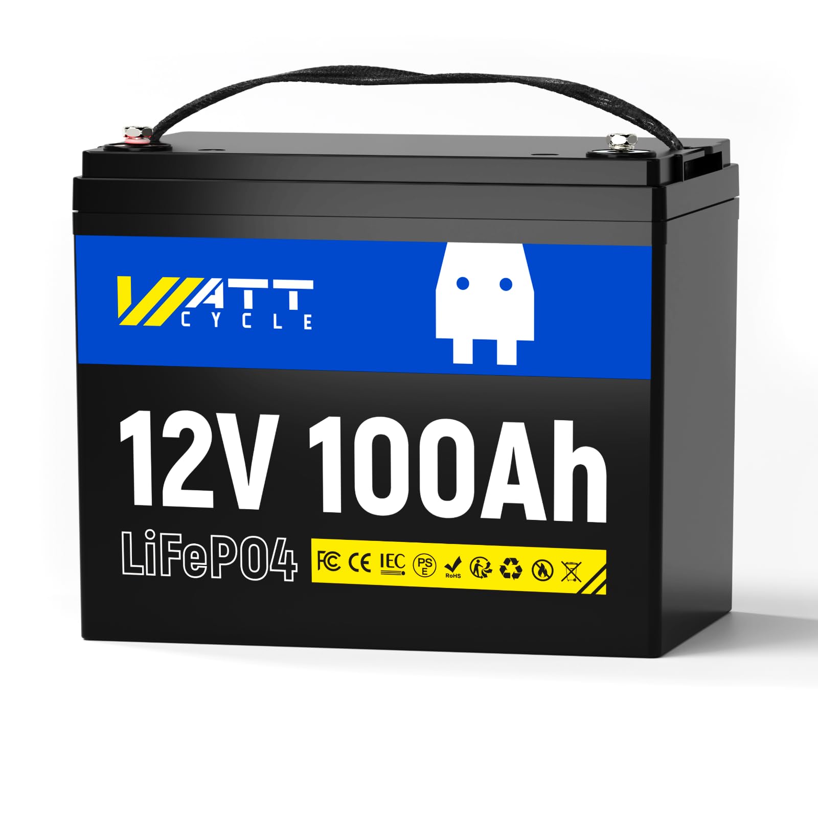 Wattcycle Batteria litio 12V 100Ah LiFePO4, BMS 100A e Protezione Bassa Temperatura, Potenza 1280W, 8000-15000 Cicli, per Camper, Sistema Solare, Off-grid