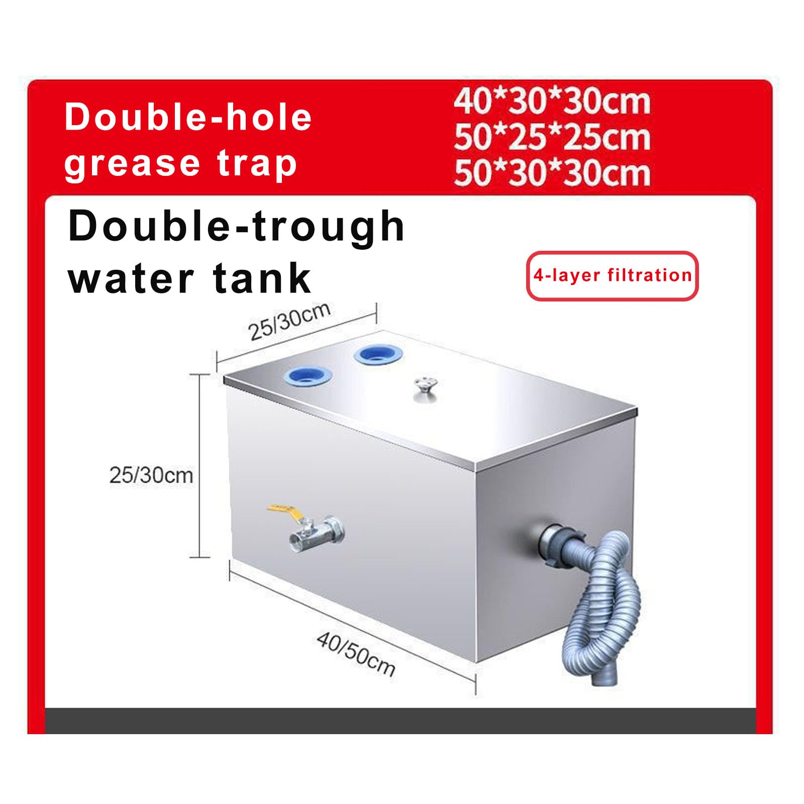 Interceptor De Grasa De Acero Inoxidable, Filtración De 4 Capas, Separador De Aceite Y Agua Con Entrada Superior, Para Aguas Residuales De Cocinas De Restaurantes, Comedores Y Fábricas , 50*30*30cm