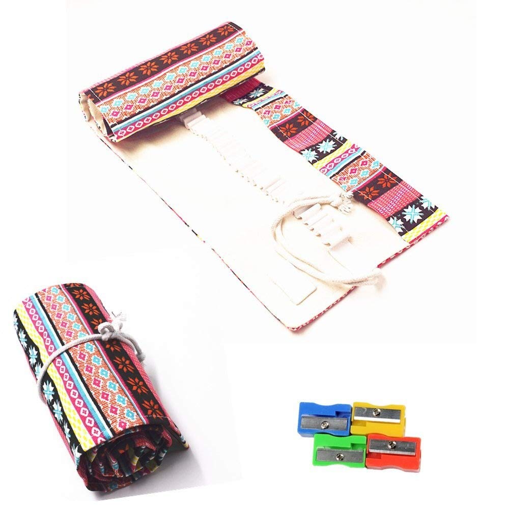 RayLineDo® 36 Holes Canvas Pencil Wrap Roll Up Pencil Case Pen Holder Bag Storage Pouch Pink Bohemia Style