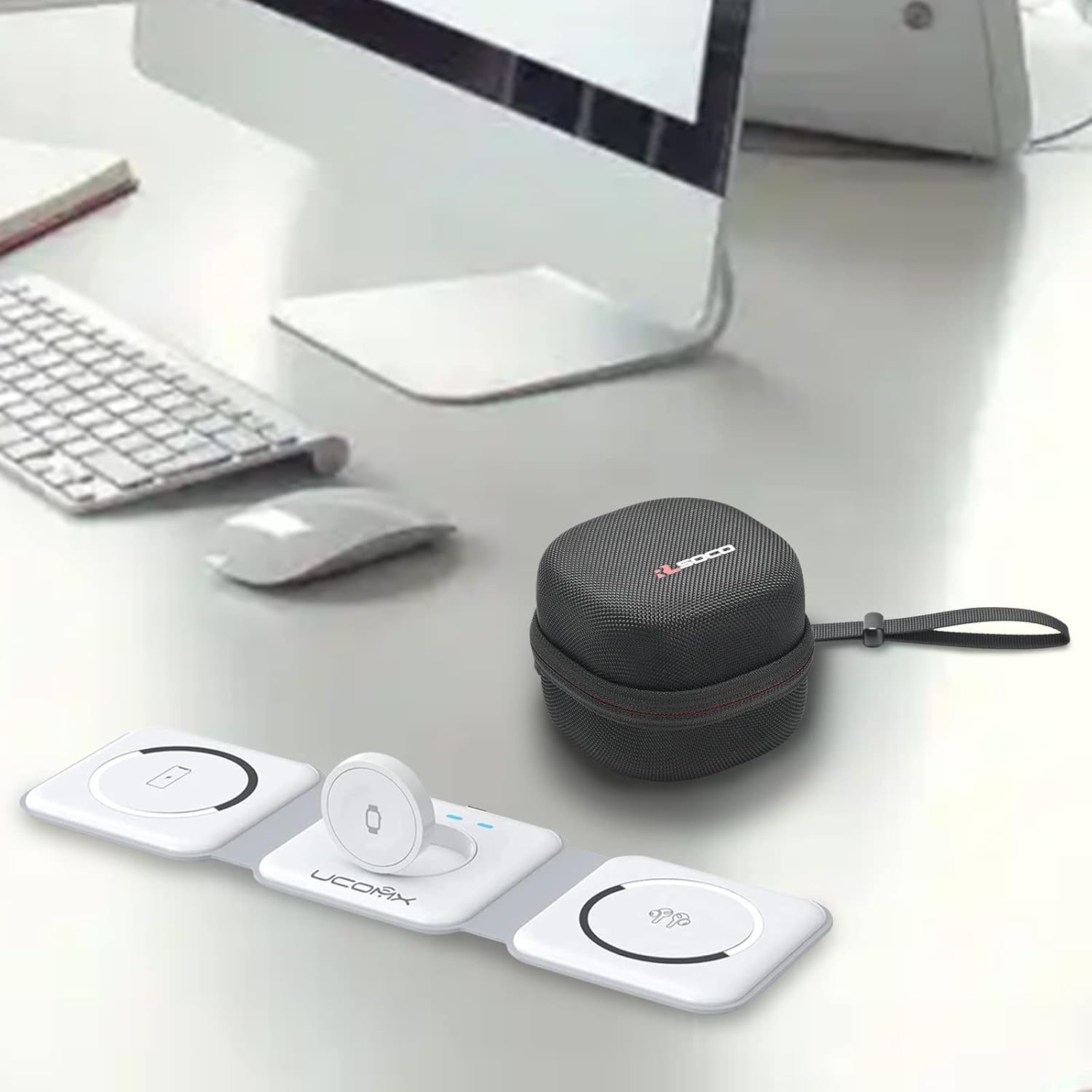 RLSOCO Hard Case placed on a desk next to a UCOMX wireless charger