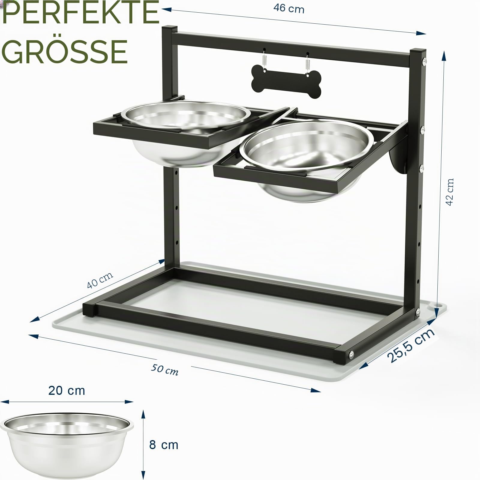 Hundenapf Erhöht mit 4 Höhenverstellbaren 10° Geneigten – 2 Edelstahl-Hundenäpfe (1,5 L x 2) und Auslaufsichere Matte, Perfekte Stabile Ständer für Hundenapf Geeignet für Groß, Mittel und Klein Hunde