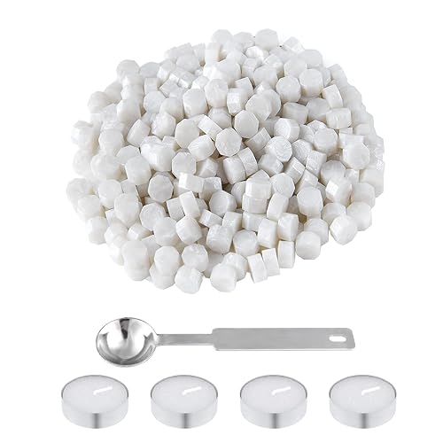 NACHLYNN 600 cuentas de cera de sellado octágono, cuentas de sello de cera blanca con 1 cuchara de fusión y 4 velas de té para tarjetas de