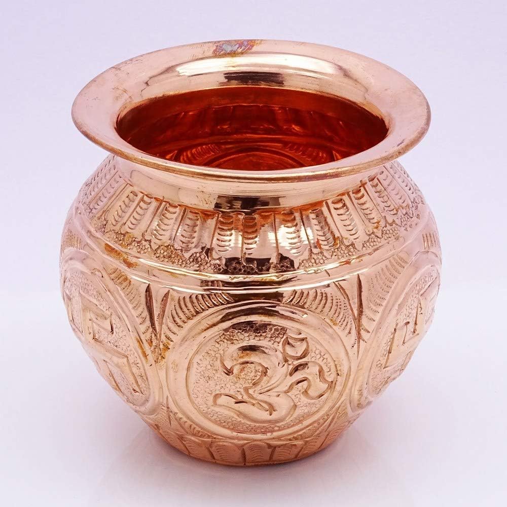 Pure Copper Pooja Item Hindu Arti Pot Engraved Symbols Prayer Kalash Lota