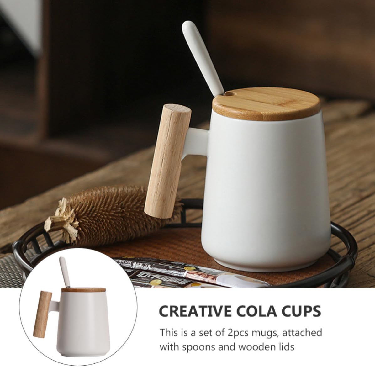 Set 2 Tazze da Caffè in Ceramica per Coppie con Coperchio in Legno e Cucchiaio, Base Piatta e Lavorazione Fine, per Colazione e Bevande Calde