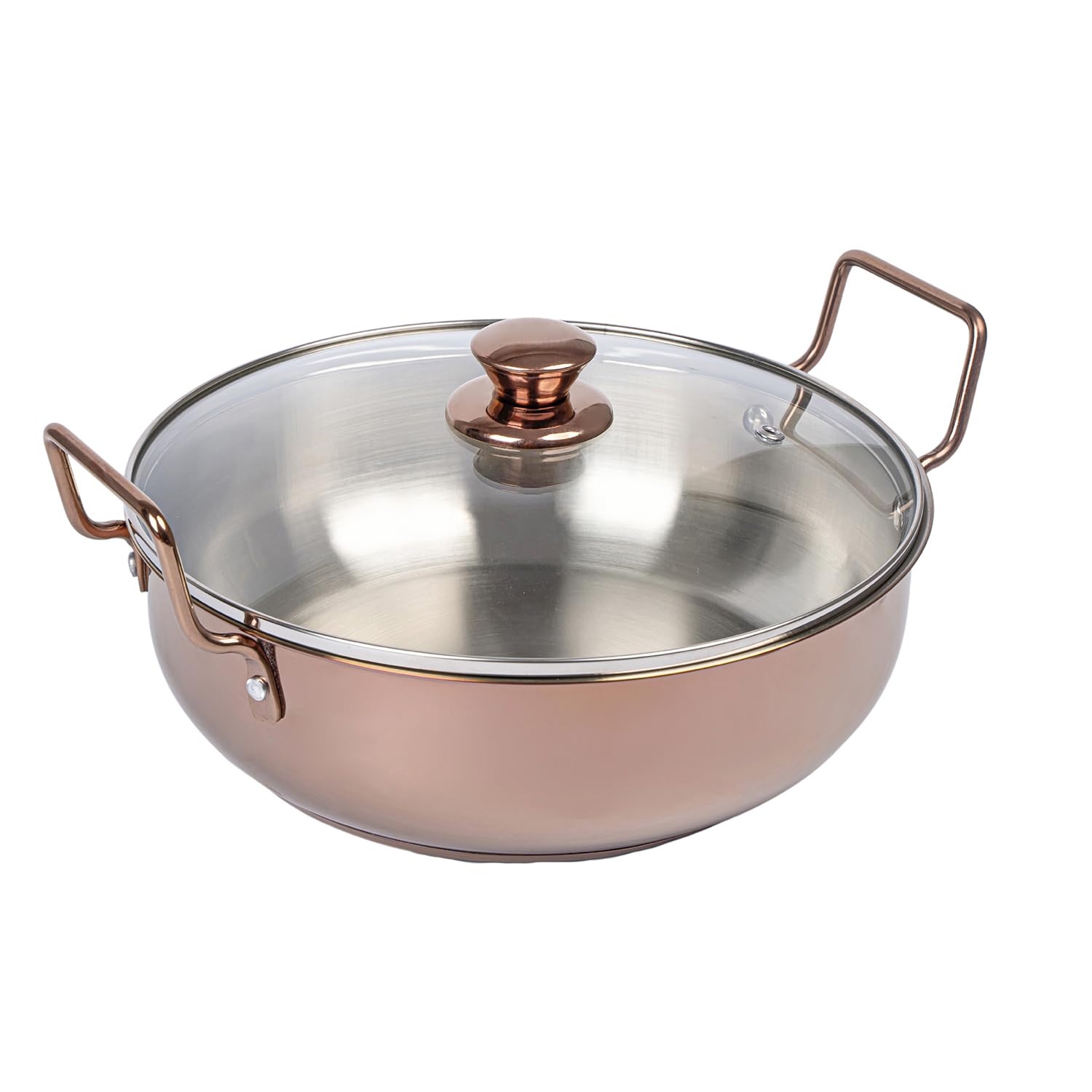 TOPSYTURVY Stainless Steel Copper PVD Kadhai with Glass Lid 24 CM | Induction & Gas Compatible | Heavy Bottom Cookware for Healthy Cooking 3 Liter Capacity