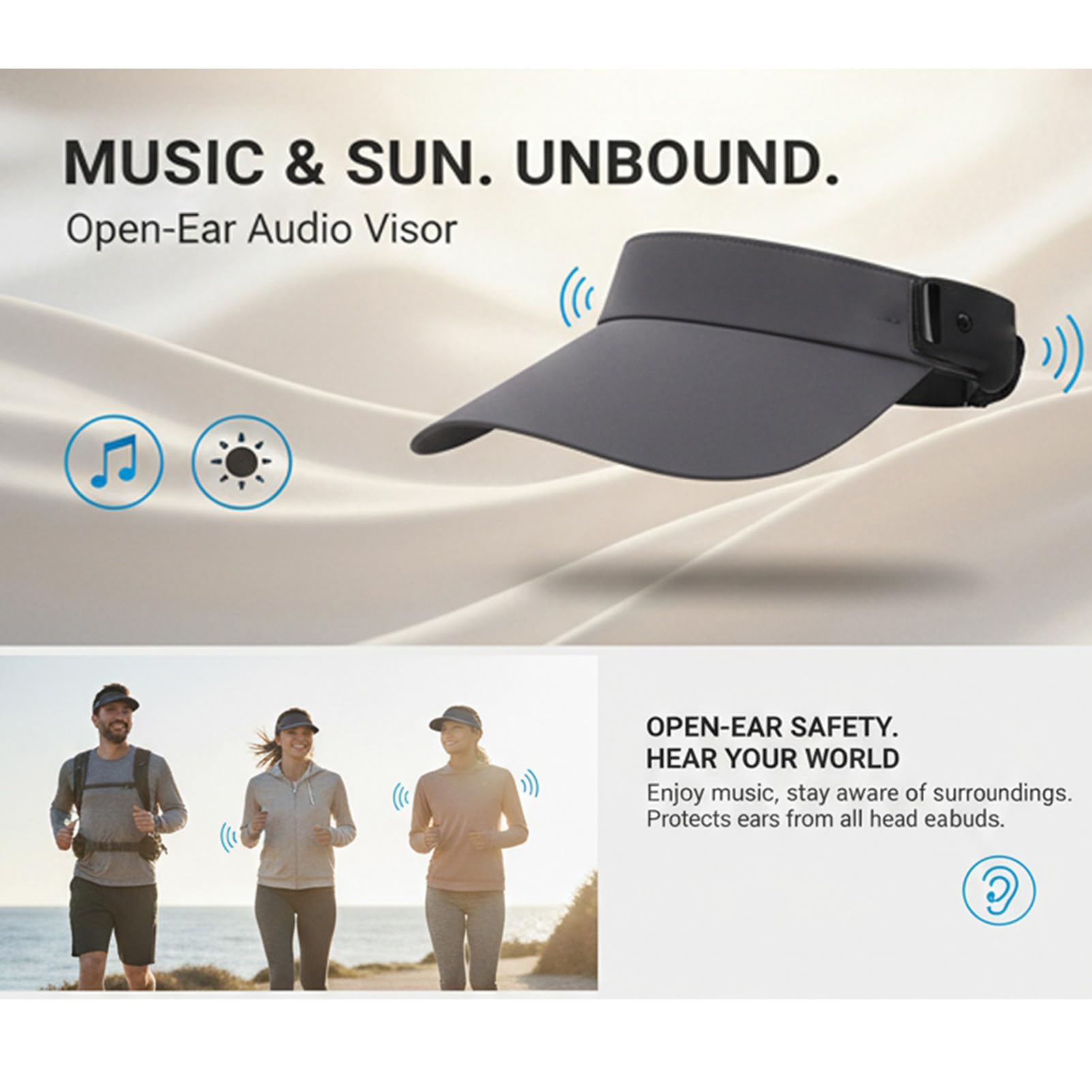 Bewinner Kapelusz Przeciwsłoneczny Bluetooth 5.4 z Odłączanymi Głośnikami Magnetycznymi, Nadający się do Prania Nakładka Audio do Noszenia Konstrukcja z Otwartymi Uszami Regulowane (GREY)