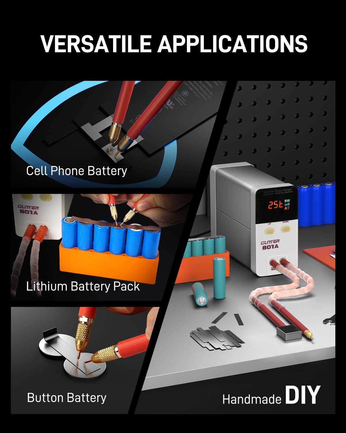 GLITTER Spot Welder, 10600W 1800A Battery Spot Welder, Auto Spot Weld Capacitor Spot Welder for Lithium Batteries, 99 Gears Battery Welder for 18650 Cell Phone DIY Repair with Butt Welding Base, 801A