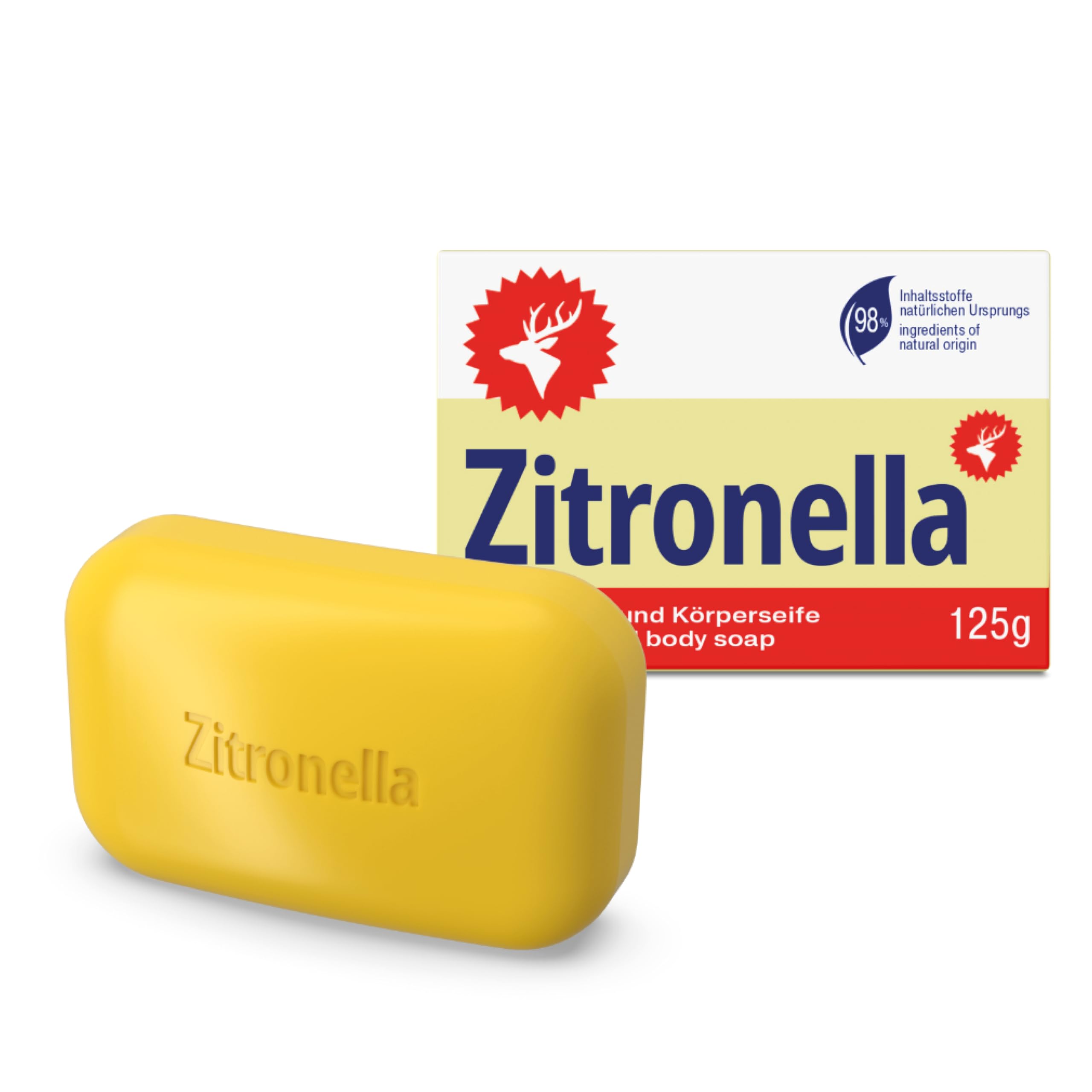 Zitronella Seife – feste Hand- & Körperseife mit ätherischem Öl – Seifenstück mit natürlichen Inhaltsstoffen – milde Handseife 125g