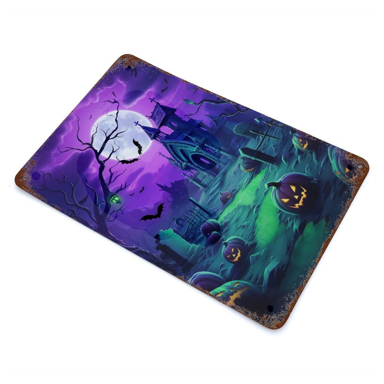 Spooky Halloween Graveyard Rustic Tin Plaque 11.8"x7.9", Ideal for Shed, Workshop And Garage Wall Decor