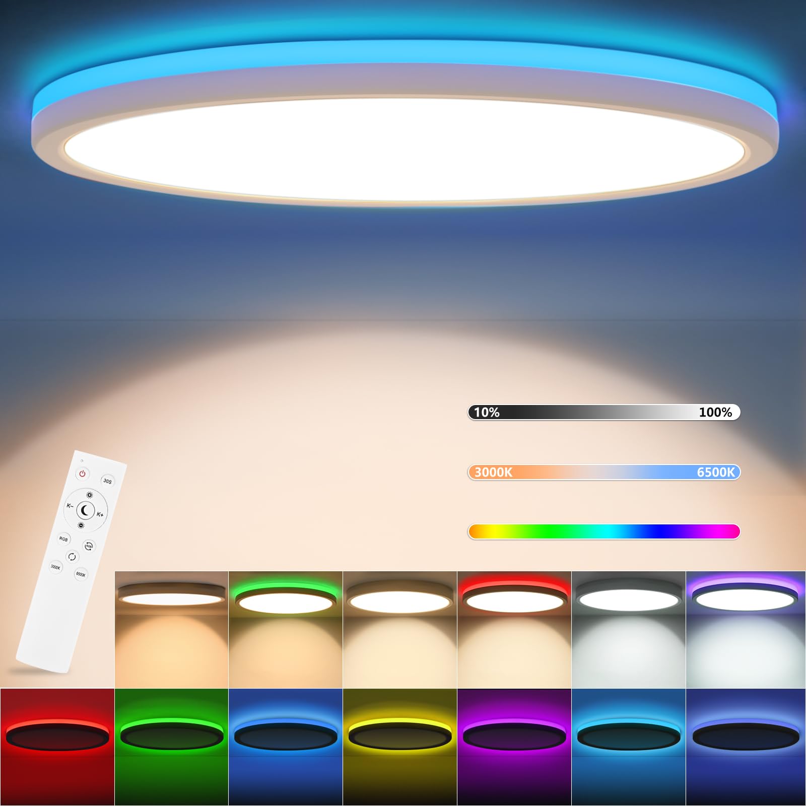 RDGOOD 24W RGB LED Plafón Regulable con Mando a Distancia, 2400LM Lámparas de Techo Regulables 3000K-6500K, Retroiluminación RGB Cambio de Color para Salón de Niños Dormitorio Cocina φ30x2.5cm