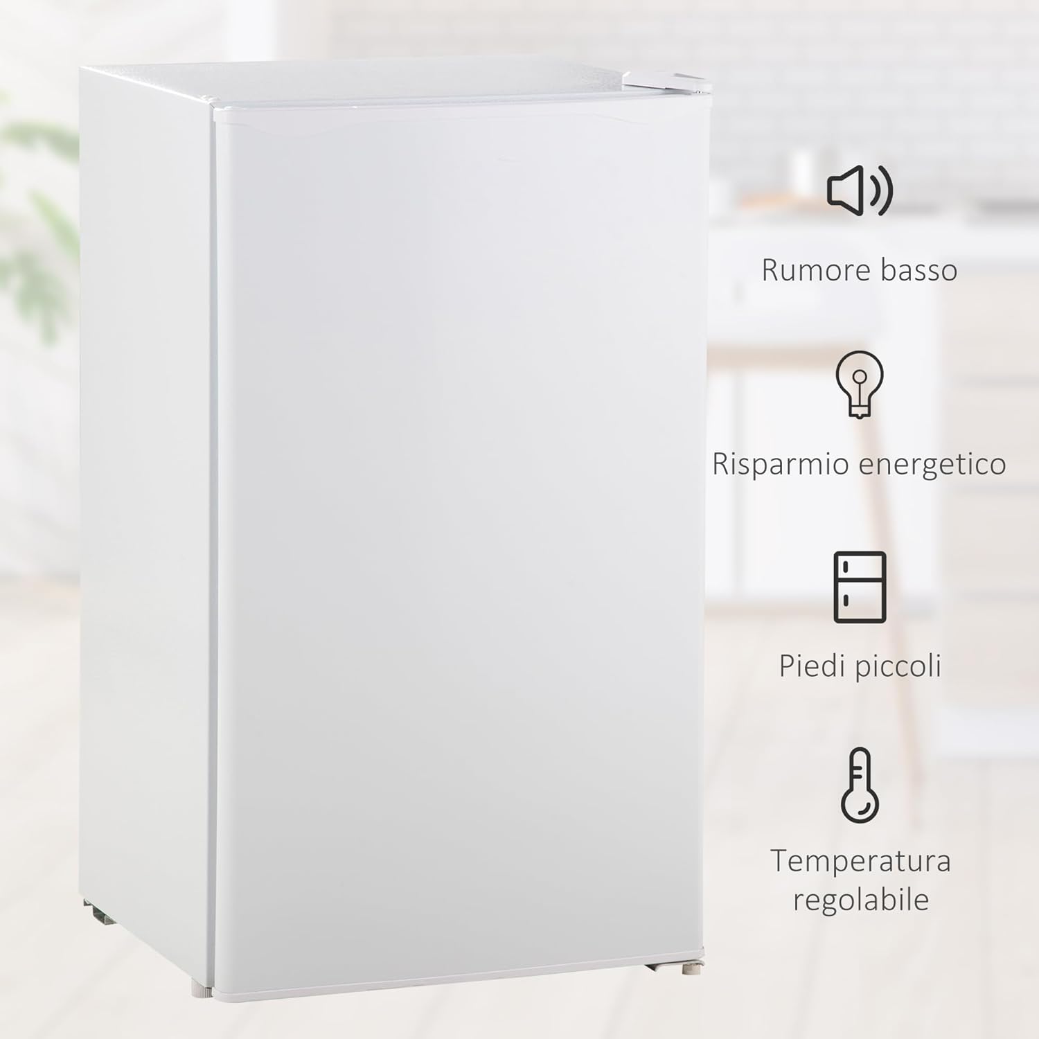 Features of the HOMCOM refrigerator: low noise, energy saving, small feet, adjustable temperature