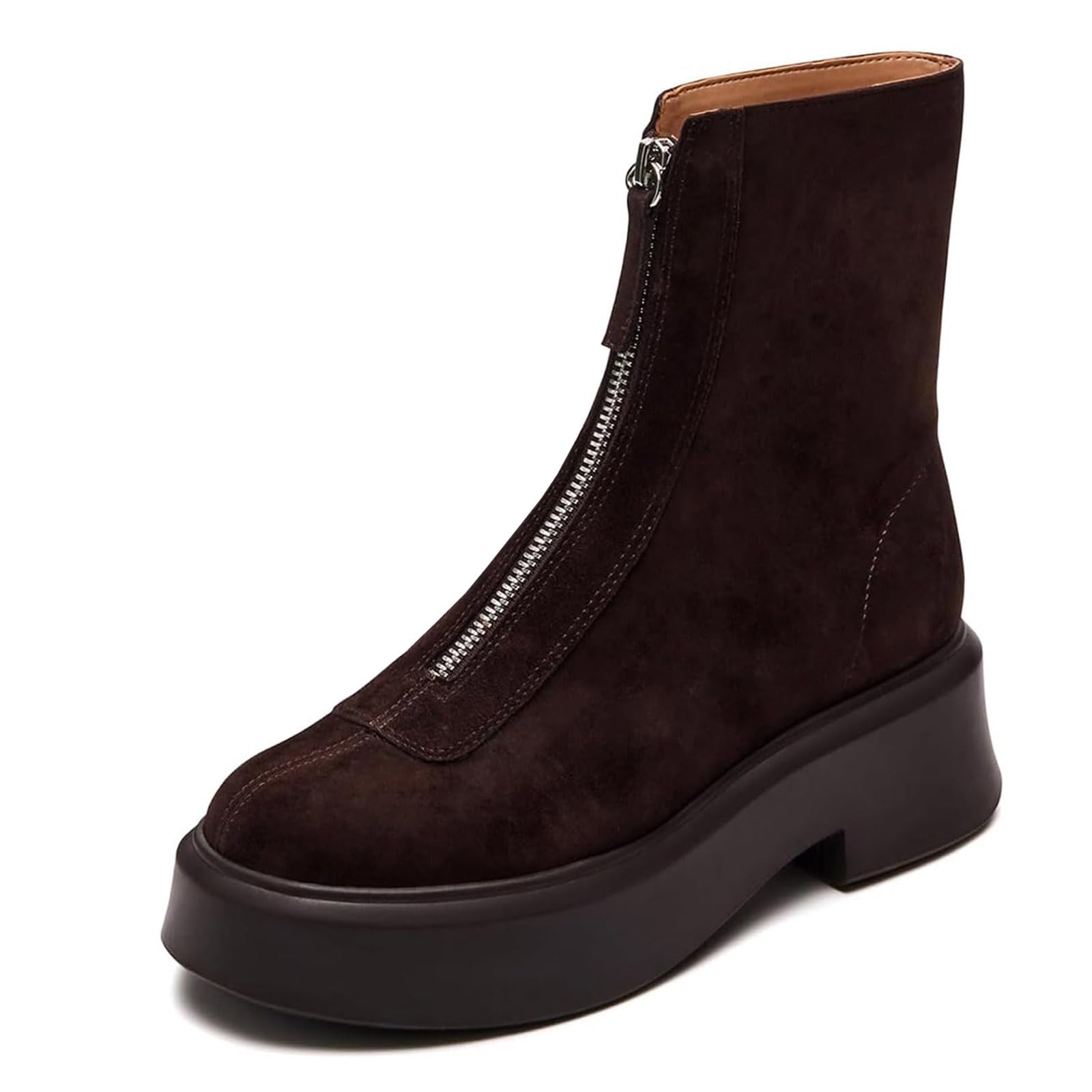 Womens Platform Ankle Boots Leather Boot Chelsea Booties Block Heel Round Toe Short Combat Boots Comfortable Zipper Winter