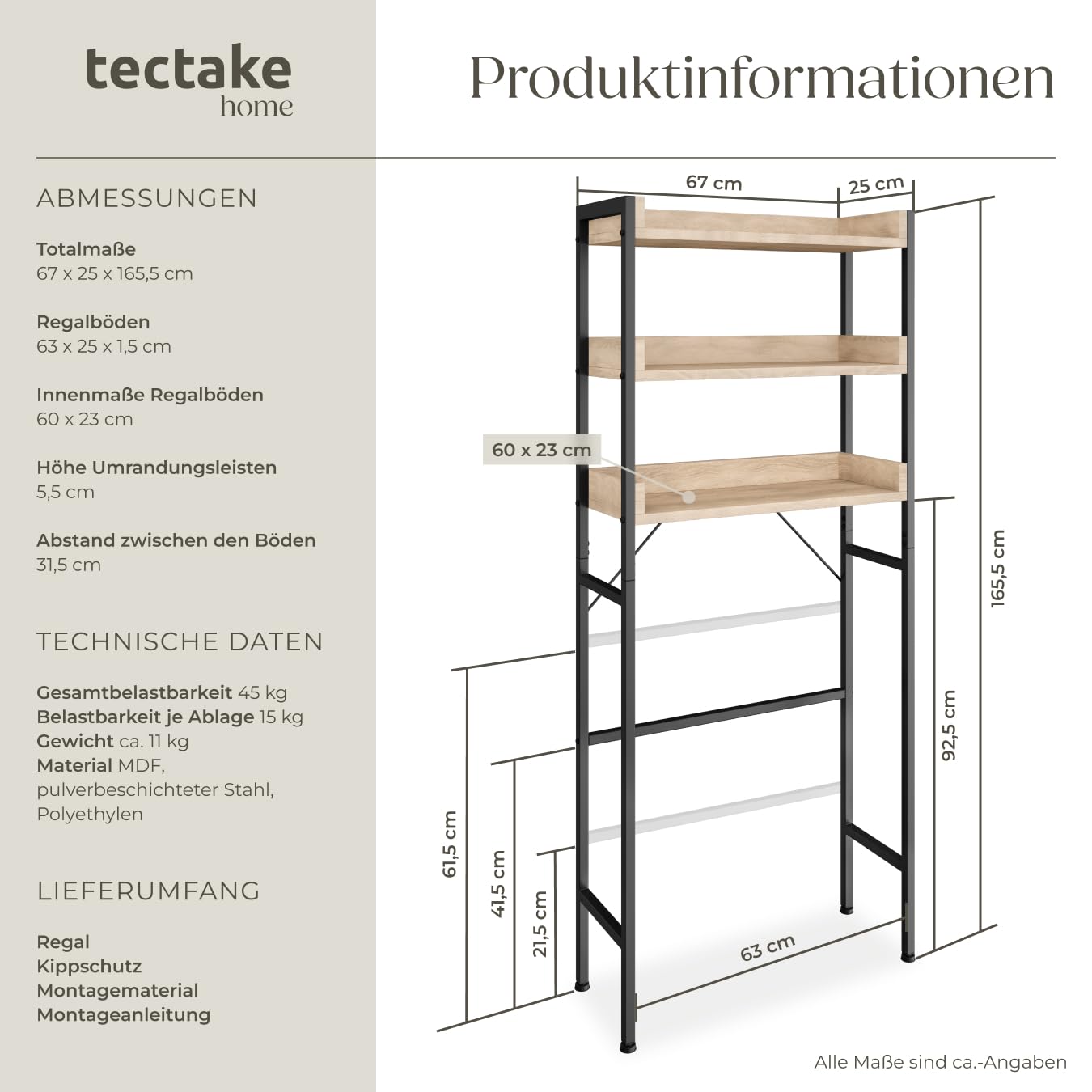 tectake Badezimmerregal mit 3 Ablagen, Badregal, Waschmaschinenregal, Industrial Design, Überbauschrank, Regal für Waschmaschine, Toilettenregal, 67 x25 x 165 cm - Industrial Holz hell, Eiche Sonoma