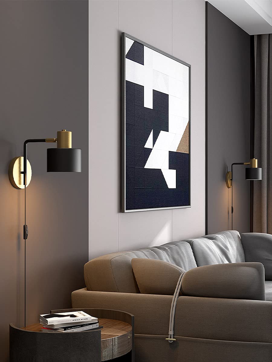 Czarno-złota lampa ścienna LED retro/vintage regulowana przemysłowa metalowa lampa ścienna z wtyczką i włącznikiem/wyłącznikiem, lampka do czytania, oprawa ścienna E27 do sypialni salonu