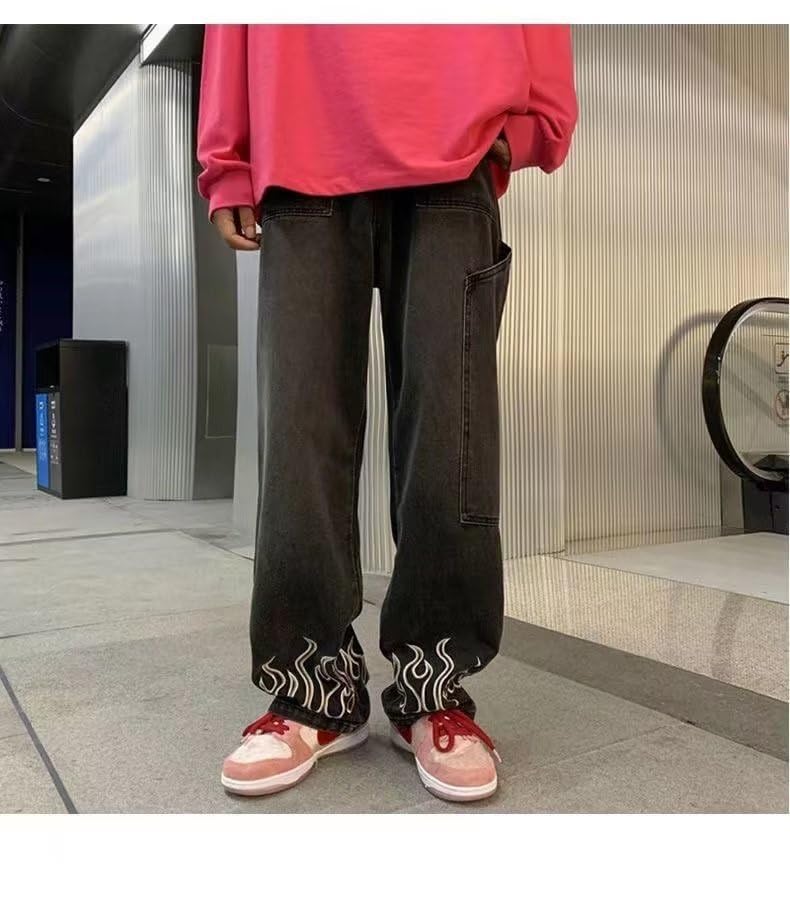 Y2k Hip Hop Flame Print Oversized Jeans for Men Acubi Baggy Denim Casual Pants Wide Leg Trousers Multi Pockets3