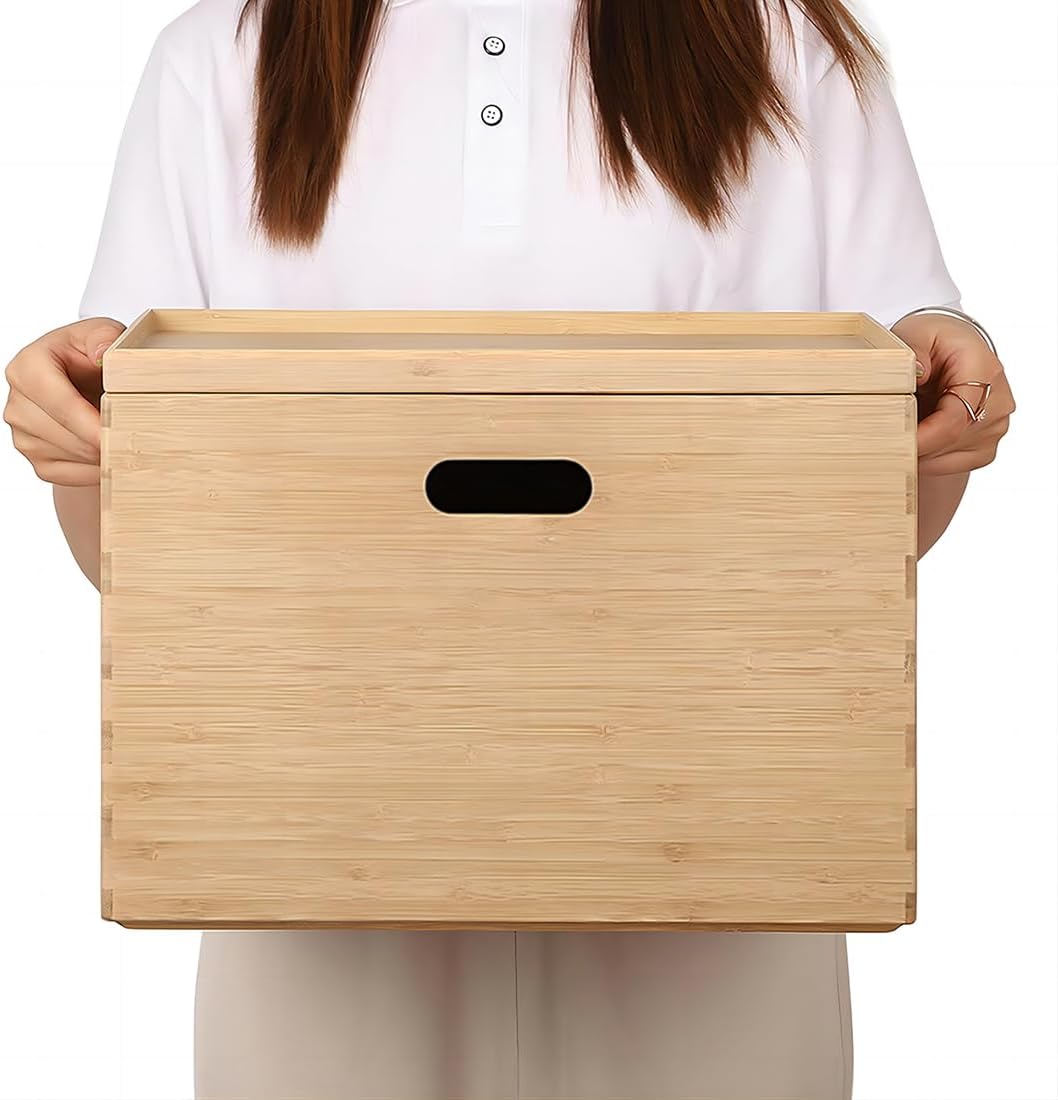 BAMOTTO CRAFTBAMBOO Large 14.6”x10.2”x9.6” Lidded Bamboo Storage Bins - Stackable with Handles, Box/Cube/Basket for Home Kitchen Office, Organize Tableware Toys Crafts Books