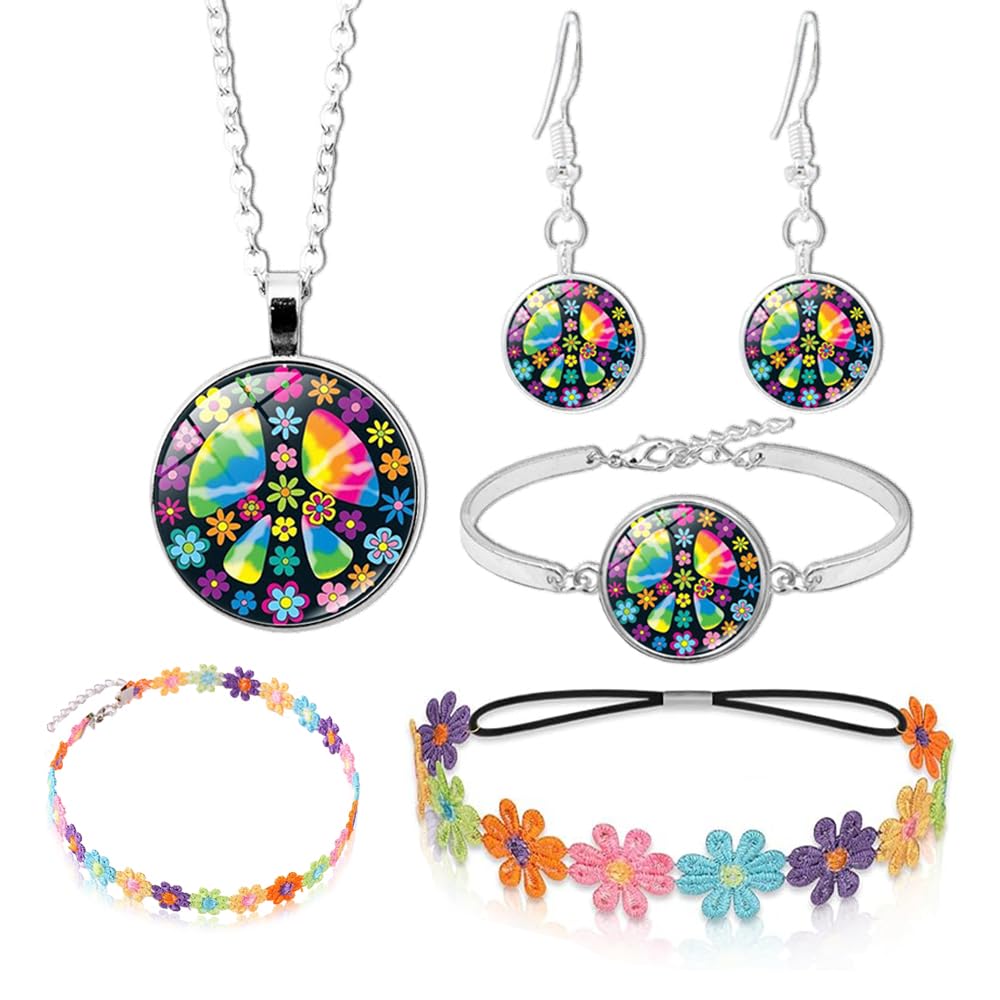 Hippie-Kostüm-Set Für Damen – 3-teilig Mit Peace-Kette, Armband & Ohrringen, Rosa