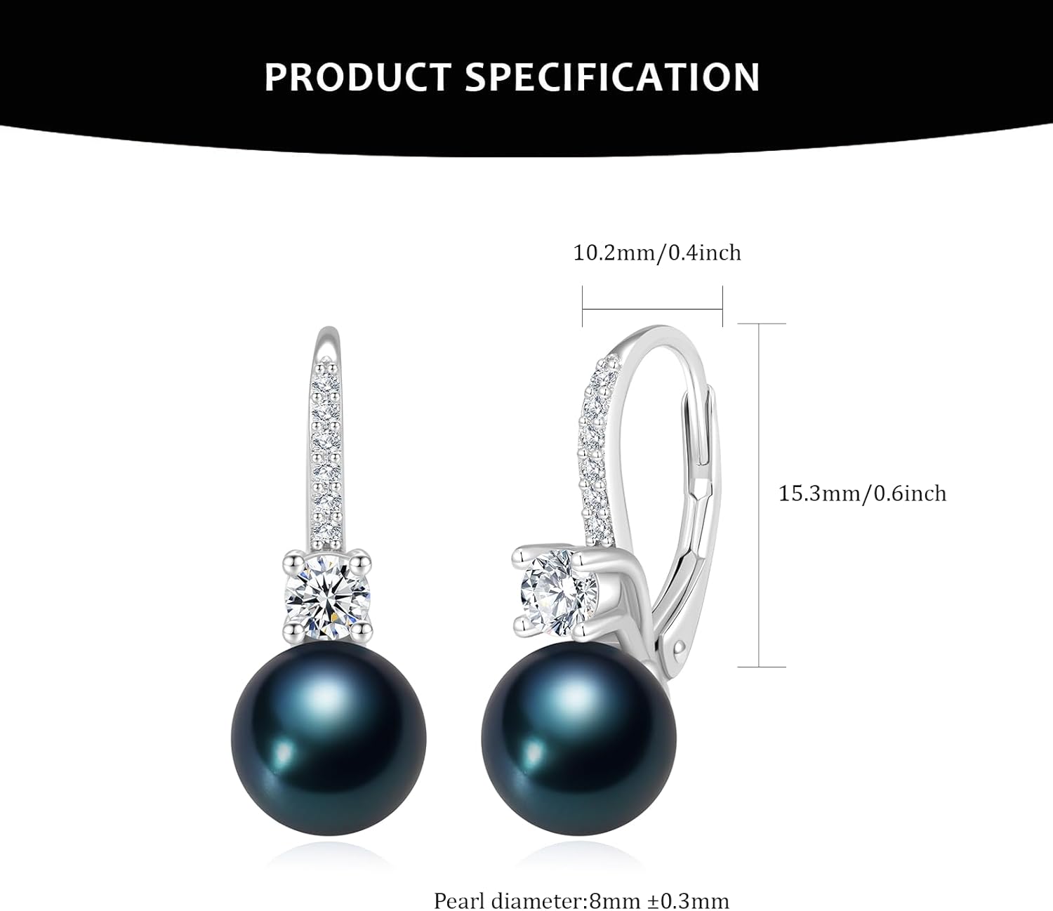 Pearl Drop Dangle Earrings 925 Sterling Silver Cubic Zirconia Leverback Earrings, 8MM Round White/Black/Blue Cultured Pearls Jewelry Gifts for Women Wife Mother - Image 5