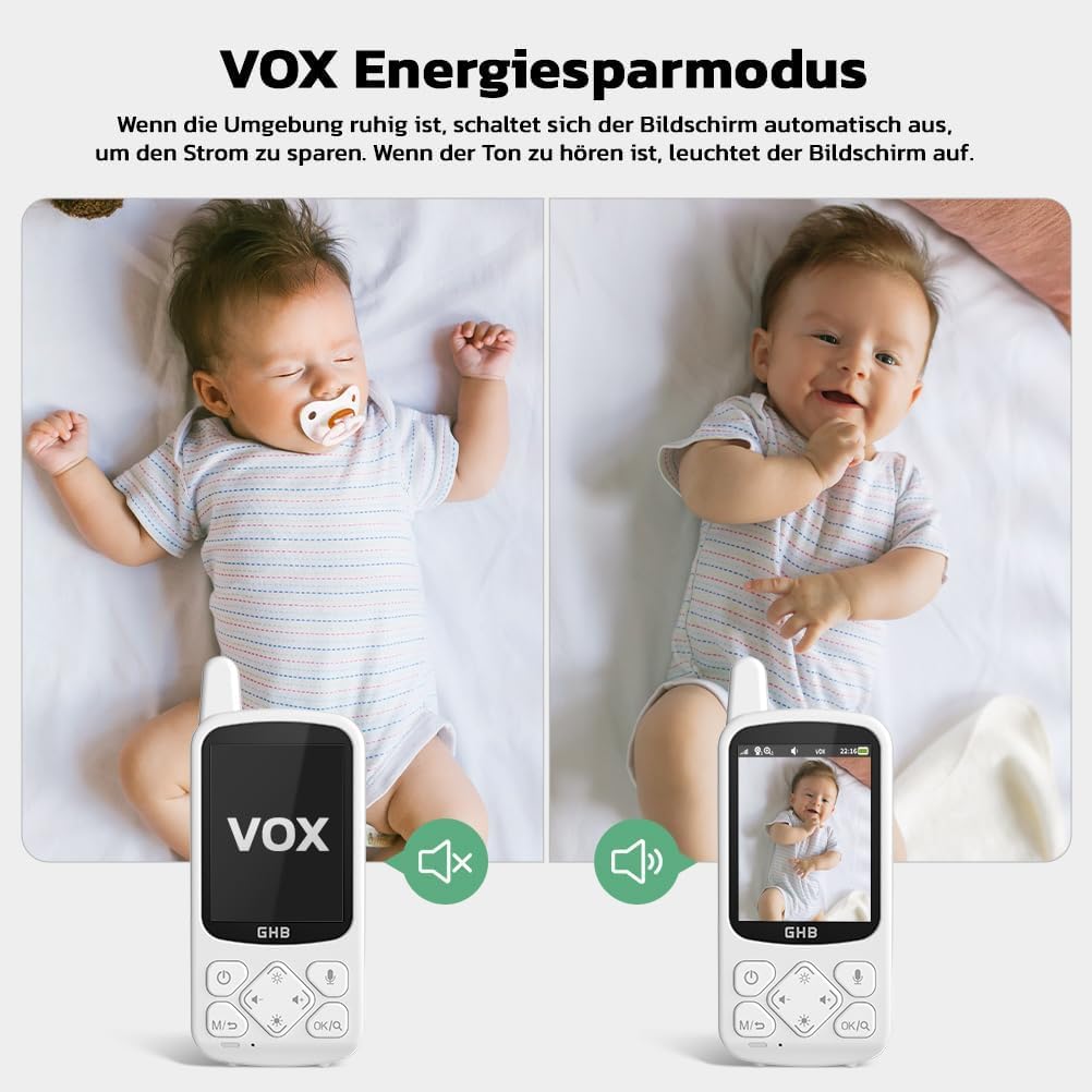 GHB Elektroniczna niania z kamerą 720p HD 2000 mAh, monitor niemowlęcy 2,8 cala z 8 kołysankami VOX zoom, widoczność w nocy